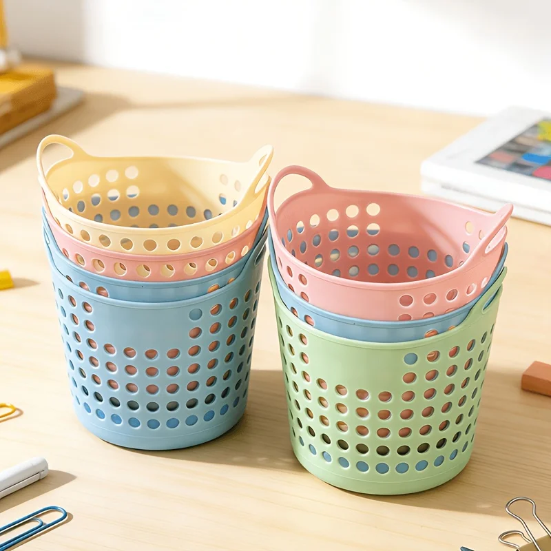 4Pcs Pastel Storage Basket, Mesh Plastic Desk Organizer Caddy for Stationery Cosmetics, Colorful Openwork Bin with Double Handle