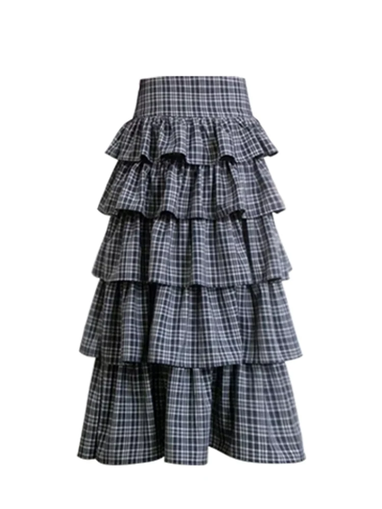 Summer Women Korean Mori Girl Midi Skirt Tierred Ruffles Coquette 2000s Aesthetic Fashion Vintage Plaid Ballet Core Fairy Long