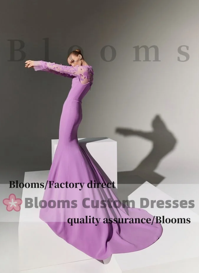 Blooms Customized Beaded Flower Lace Mermaid Prom Dress Long Sleeve Buttons Crepe Elegant Evening Dress Wedding Formal Gown
