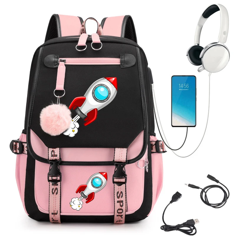 Weltraum rakete Cartoon Rucksack Taschen für Mädchen Sekundarschule Bagpack College-Student Teenager Bücher tasche USB-Lade rucksack