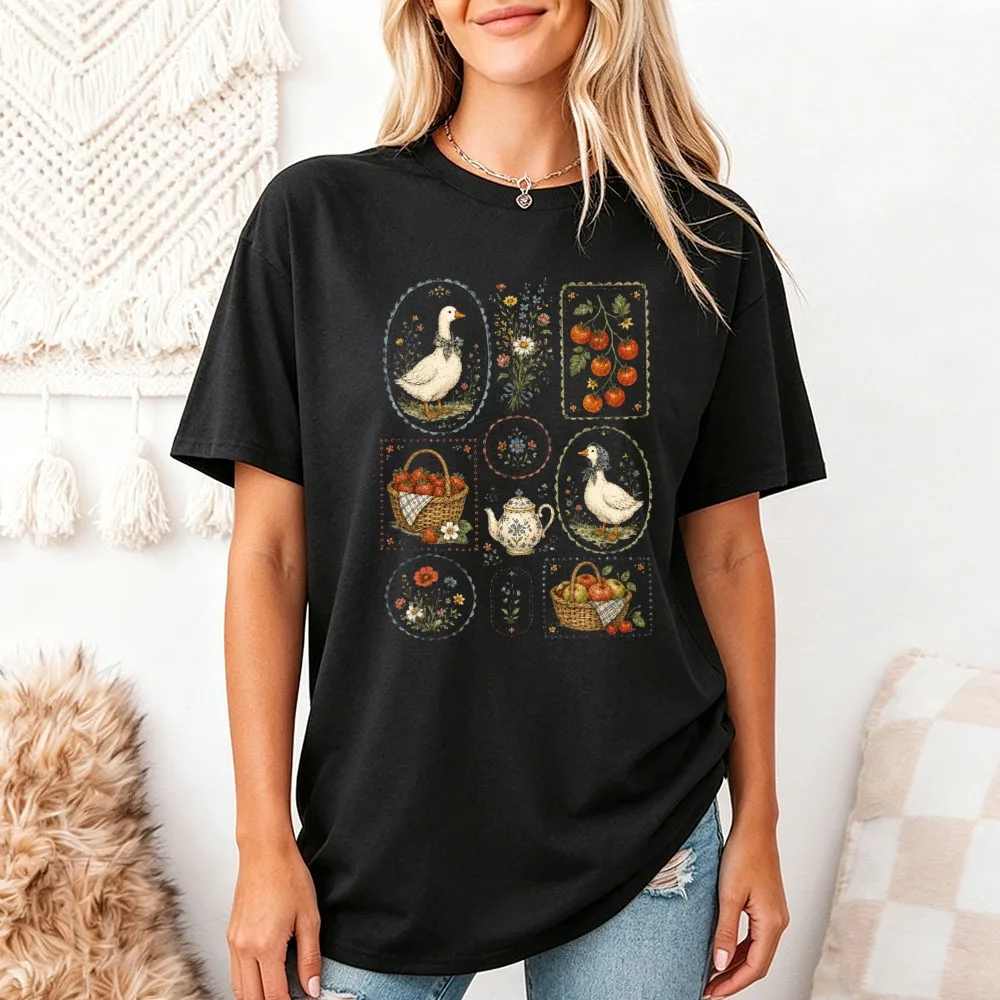 Vintage Cottagecore Goose T-Shirt With Retro Patchwork Ducks Tomatoes Floral Teapot Baskets Fruits Casual Summer Tee For Women