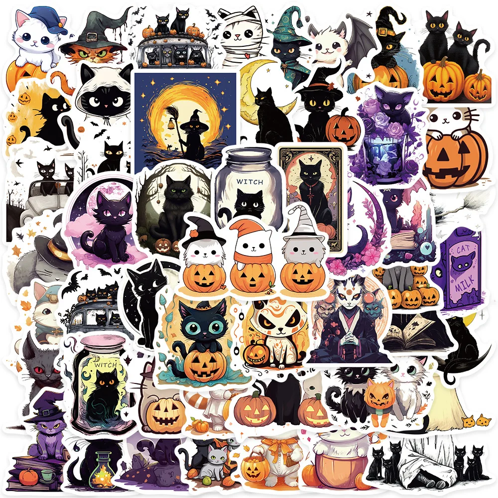 50PCS Halloween Katze Graffiti Aufkleber Nette Katze Cartoon Aufkleber Notebook Telefon Gitarre Tasse Skateboard Wasserdichte Aufkleber Kind Spielzeug
