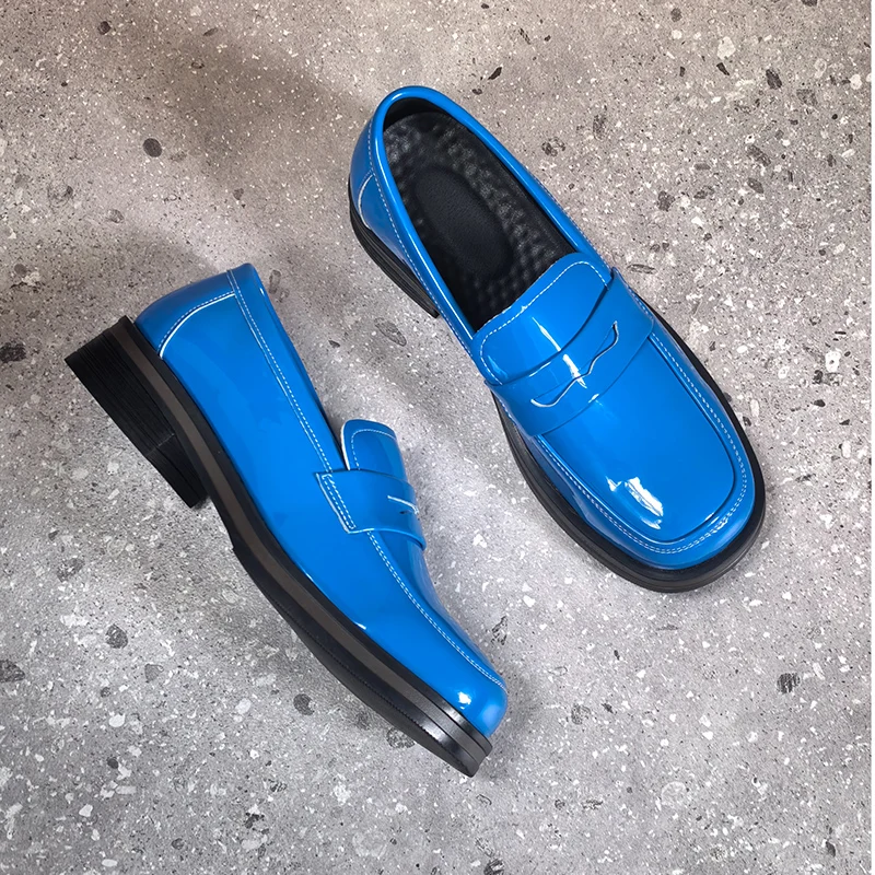 Men Bright Glossy Penny Loafers Square Toe Thick Block Heel Slip On Patent Leather Dress Shoes For Wedding Party Business Daily