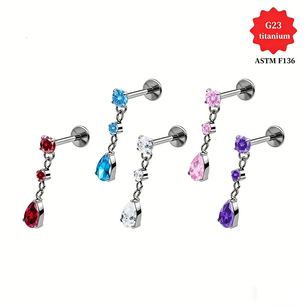 F136 Titanium Body Piercing Jewelry 5A Zircon Tassel Pendant Stud Earrings Internal Thread G23 Titanium Earrings for Women