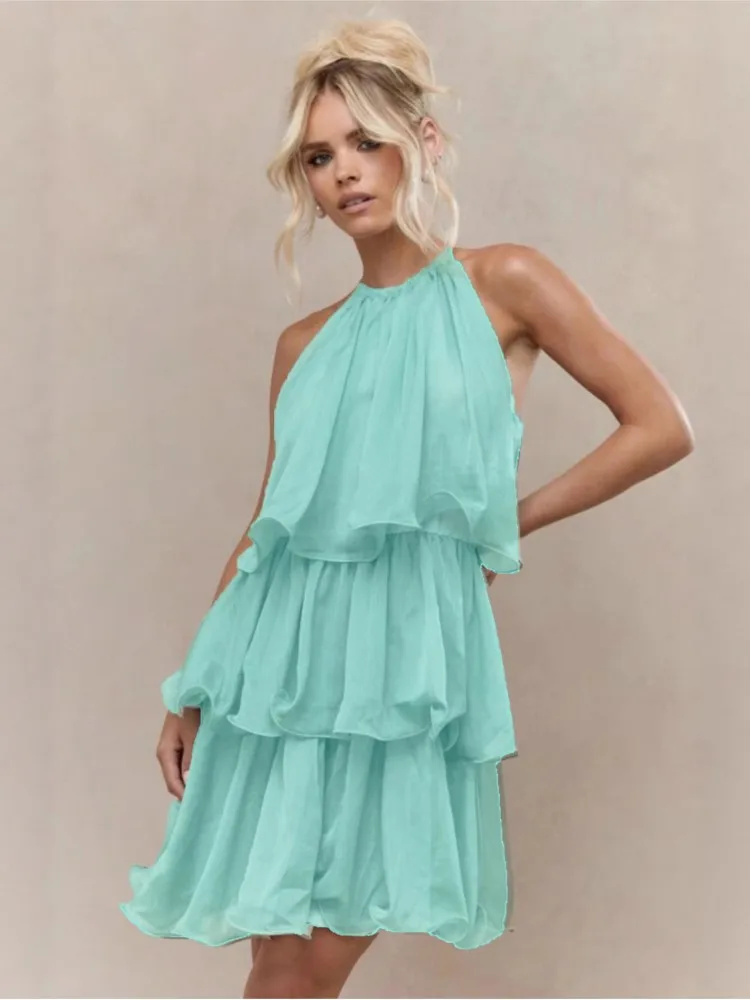 Vestidos para mujer feminino boêmio elegante em camadas plissado mini vestido sem mangas halter pescoço vestido de festa plissado roupa de férias