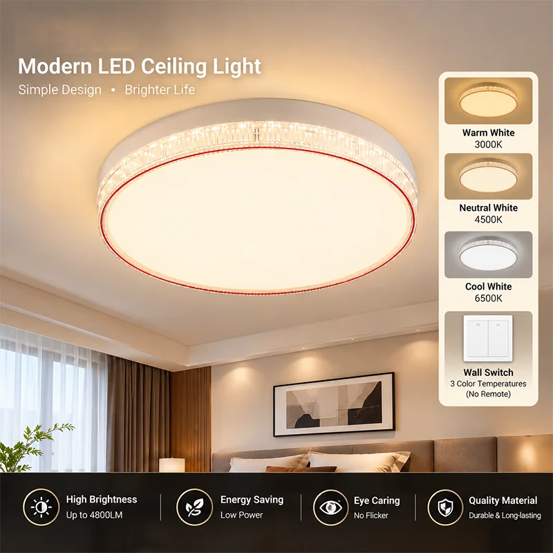 Round LED Flush Mount Ceiling Light Crystal Texture Edge 3 Color Changing Home Lighting Lamp for Bedroom Living Room