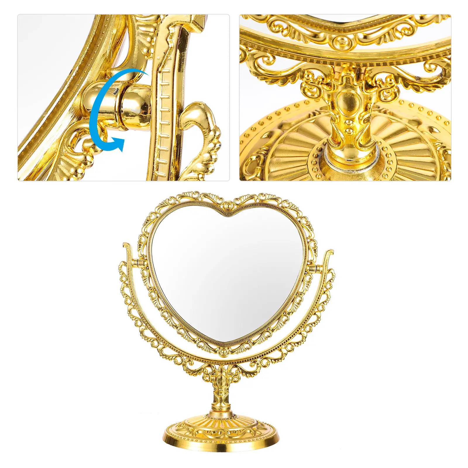 Peach Heart Round Double Sided Makeup Mirror Vanity Dresser Retro Desktop Tabletop Beauty Mirror Gold Home Decor Swivel