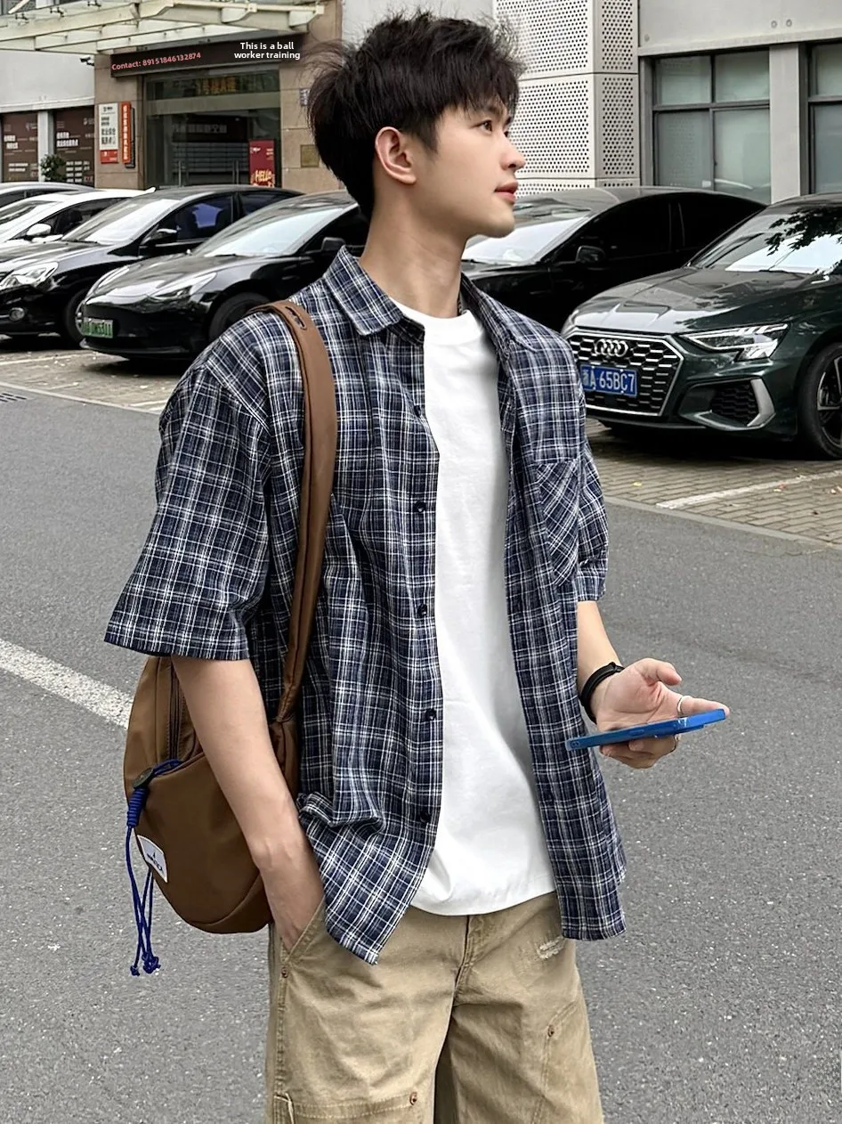 Casual American Plaid Shirt Men's Short Sleeve Loose Fit Versatile Shirt Youthful Hong Kong Style Men's Clothing Upper Body