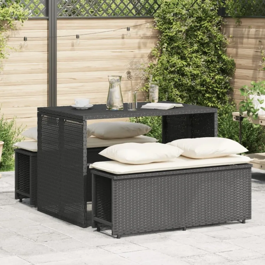 

3 Piece Patio Dining Set with Cushions Black Poly Rattan