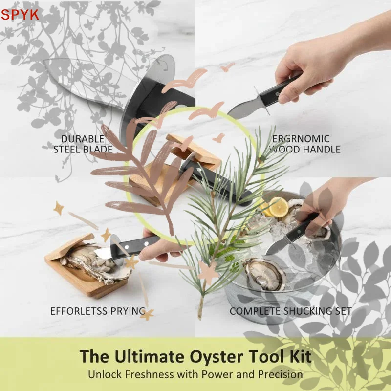 Stainless Steel Oyster Shucking Knife: Non Slip Handle Wooden Holding Base Home Kitchen Seafood Restaurant