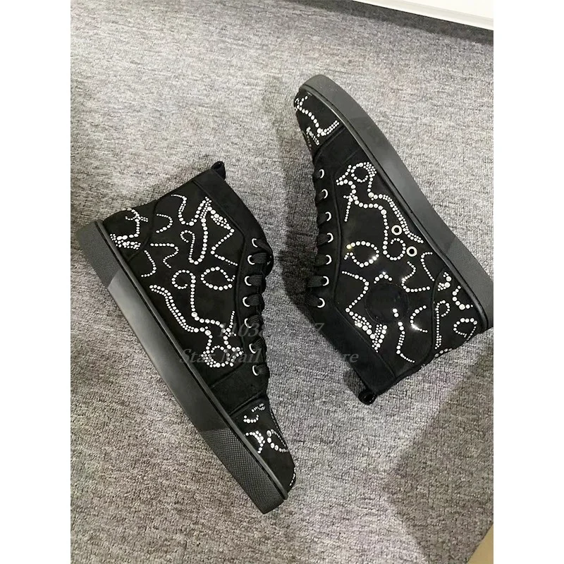 Velvet Rhinestone Upper Men Casual Shoes Round Toe Lace Up Flats Rhinestone Pattern Comfortable Daily Walking Shoes