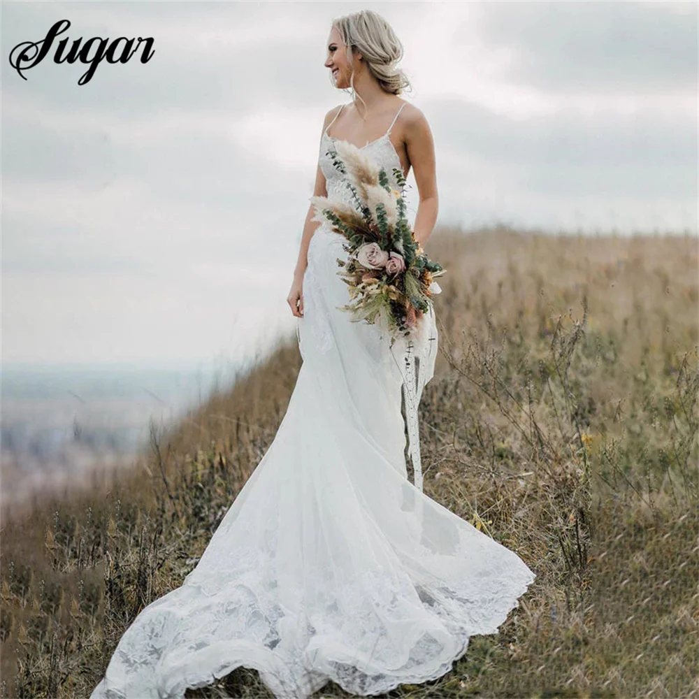 Vestido de casamento de renda branca de duas peças, cintas de espaguete, decote V, vestido de noiva elegante, túnica personalizada para casamento