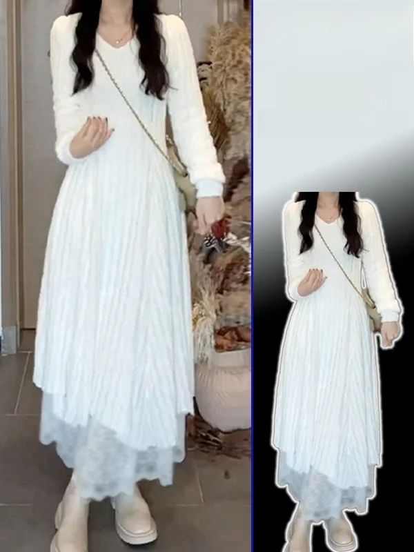 

plus Size Winter Design Sense f High Collar Lace Splicing Dr Women's Soft Sle Waist a Slim Long Dr