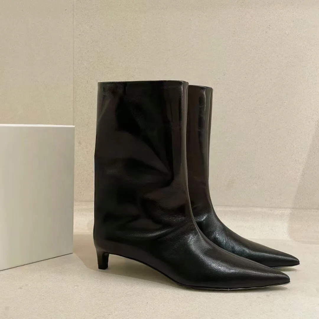 

Genuine leather short boots 2025 autumn pointed high-heeled mid leg boots for women French wide ankle boots for knights