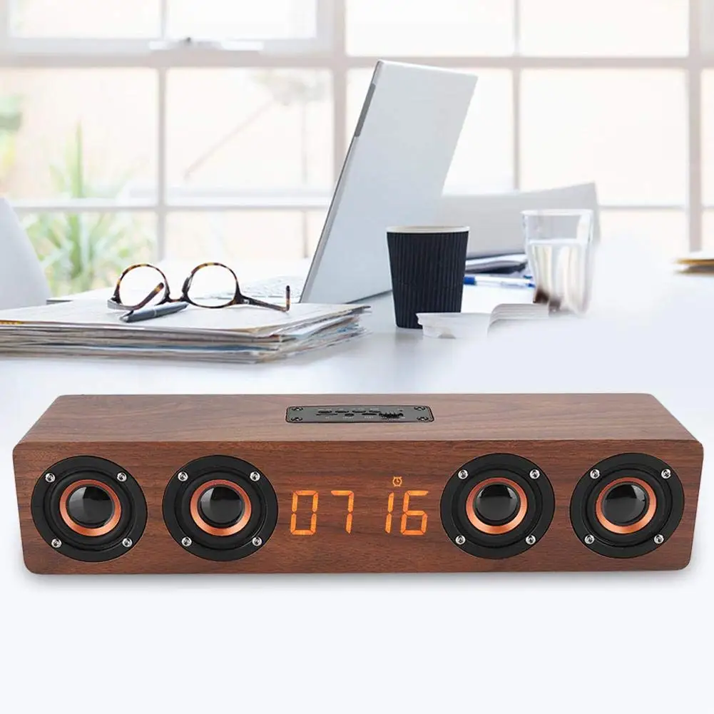 

Деревянная звуковая панель W8C с Bluetooth, 20 Вт, Hi-Fi стерео сабвуфер, музыкальная система, телефон с часами, FM-радио, настольные колонки