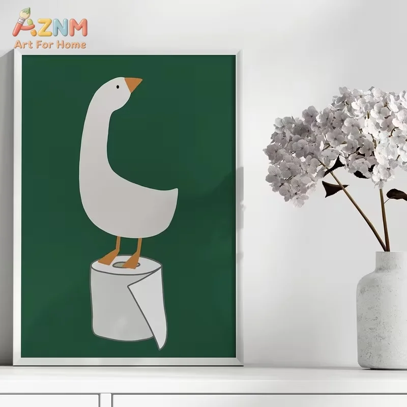AZNM Funny Goose on Toilet Paper Bathroom Canvas Wall Art Print Decor