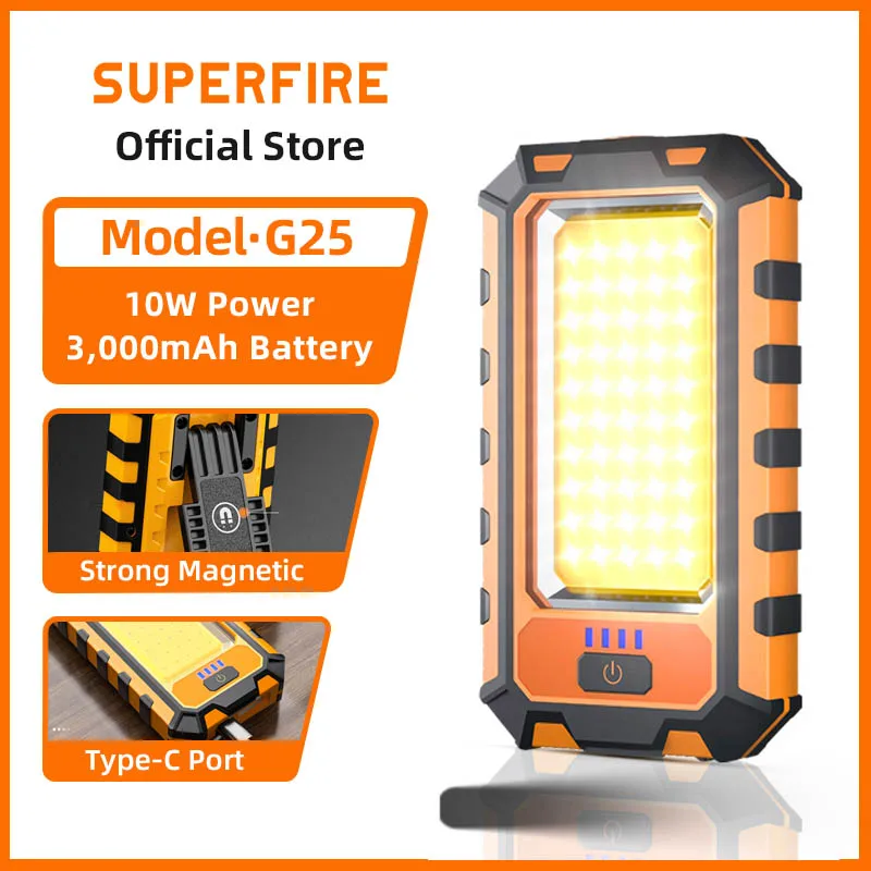 

SUPERFIRE G25 COB Work Light Flashlight with Magnet Power Bank, USB C Chargable Waterproof Torch for Emergency Maintenance Light