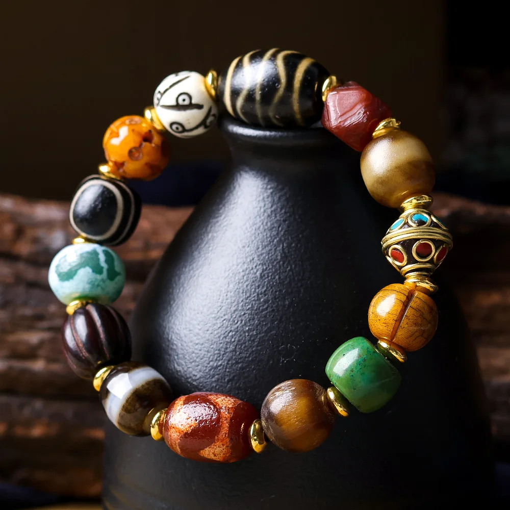 Antique Double Tiger Tooth Tianzu Bracelet Antler Yak Bone Plate Eye Tianzu Agate Multi-Gemstone Bracelet