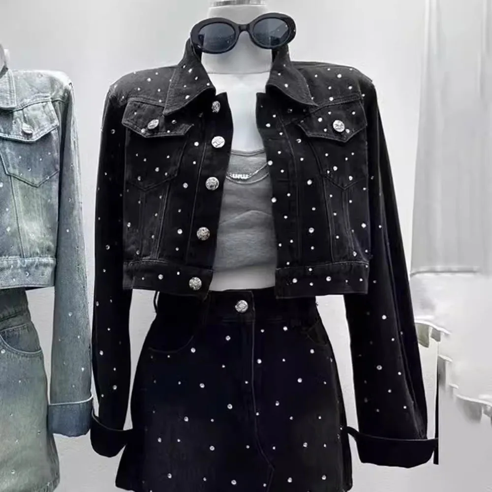 Korean Fashion Diamond Temperament Denim Jacket A-line Skirt Two-piece Set Women Sweet Lapel Solid Spring College Chic Lady Suit