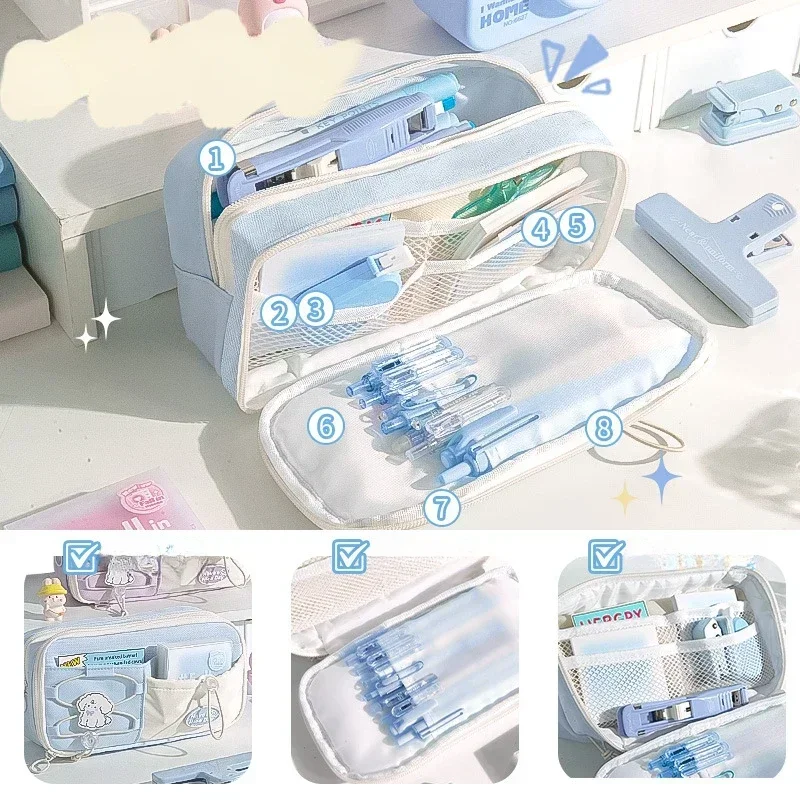 

Многослойный однотонный пенал на шнурке, портативная сумка для хранения большой емкости, школьные принадлежности