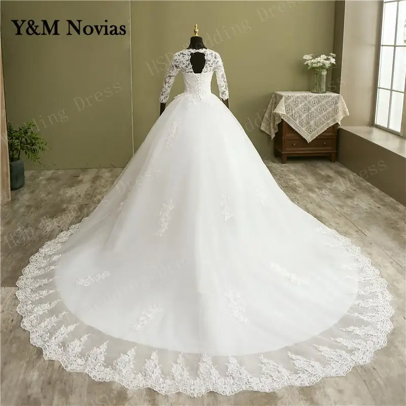 Y&M Novia Gorgeous Ball Gown Lace Beading Vestido De Novia Princes Plus size Wedding Dress Three Quarter Real Image Bridal Gown