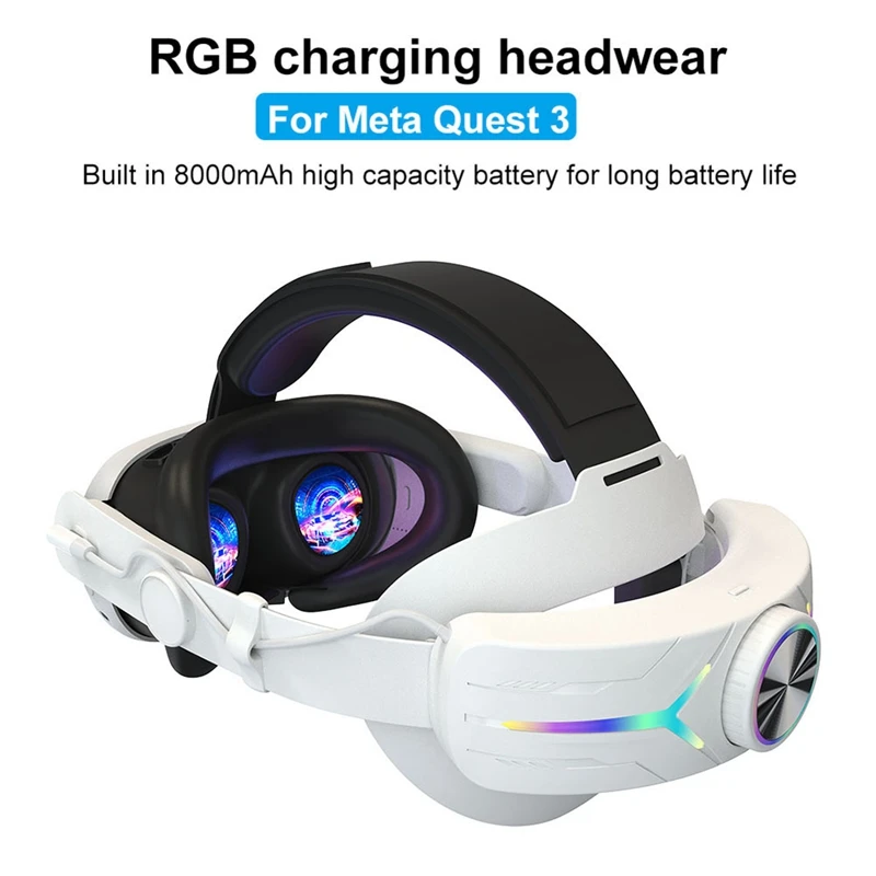 VR Head Strap For Meta Quest 3 Sponge Headwear RGB Charging Headset Built-In 8000Mah Batteries VR Accessories White