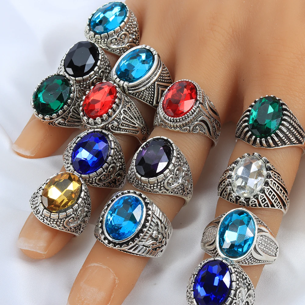 Bulk lots 20pcs Color Mix Big Crystal Stone Vintage Rings for Women Styles Mix Mens Luxury Antique Zircon Stone Rings