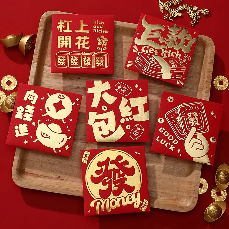 Envelopes vermelhos com sacola de presente dos desenhos animados, pacotes de dinheiro da sorte, ano novo e festival da primavera, sorte e hongbao, dragão bonito, 6 unid, 2024