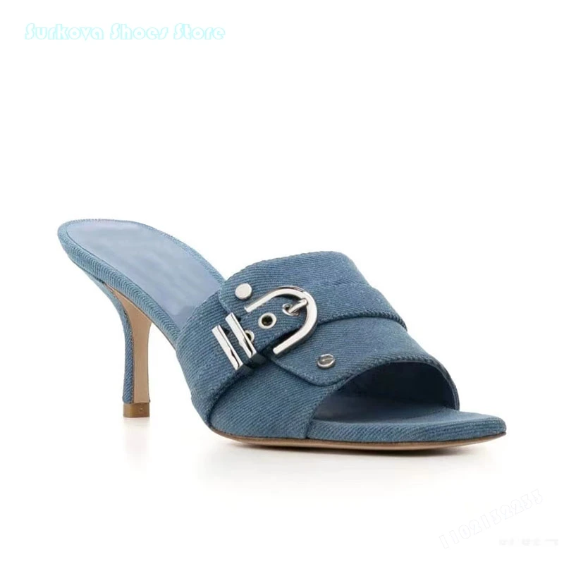 

Surkova Denim Belt Buckle Square Toe Thin Heels Slippers Women Fashion Slip On Causal Stilettos Summer Outdoor Leisure Shoes