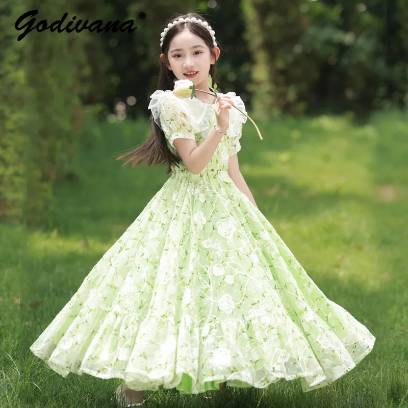

Sweet Little Girls Summer New Floral Chiffon Maxi Dress Long Kids Fashion Lace Trim Doll Collar Puff Sleeve Elastic Waist Dress