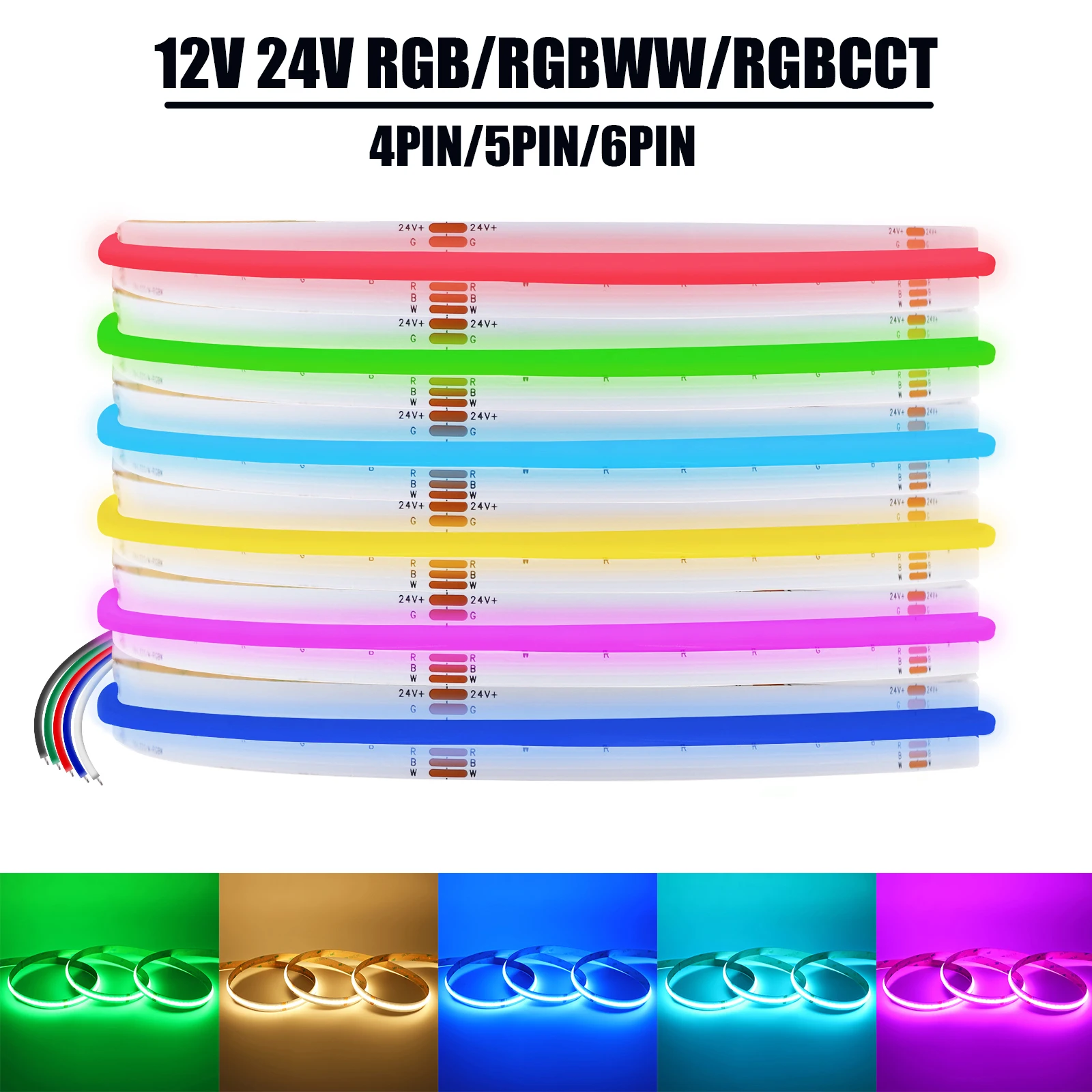 DC 12V 24V COB LED Strip 840 784LEDs/M High Bright RGB RGBW RGBWW RGBCCT TV BackLight Flexible Ribbon Dotless Led Diode Lights