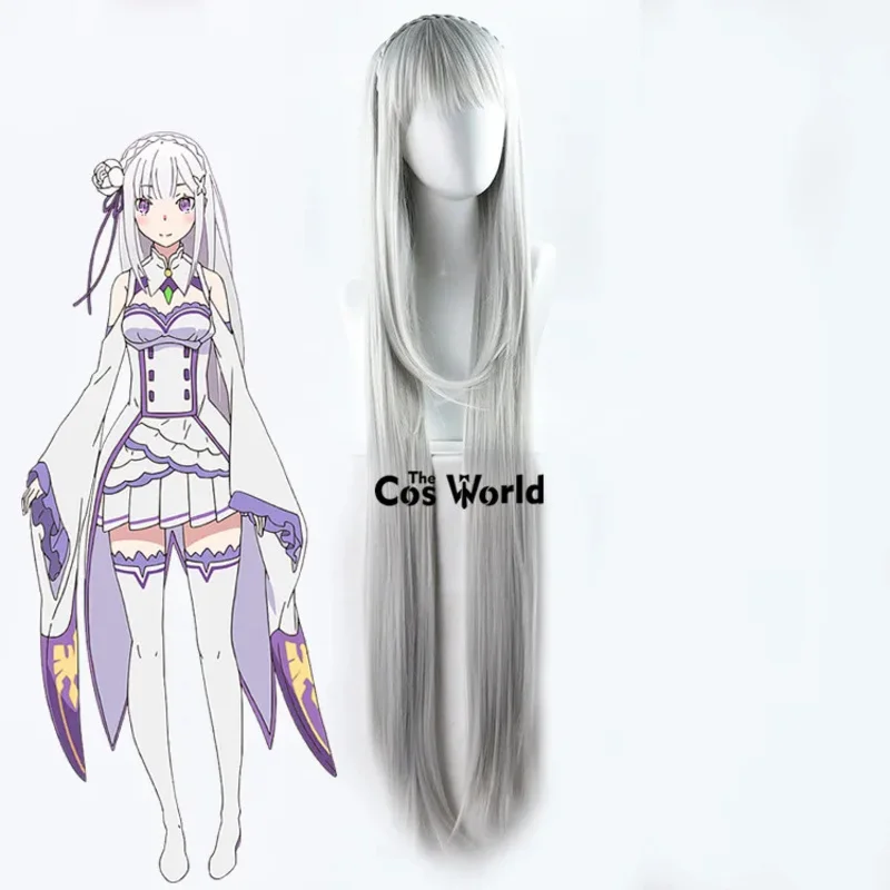Re:Zero kara Hajimeru Isekai Seikatsu Emilia 100cm de largo pelucas de Cosplay de Anime fibra de pelo sintético resistente al calor + gorro de peluca