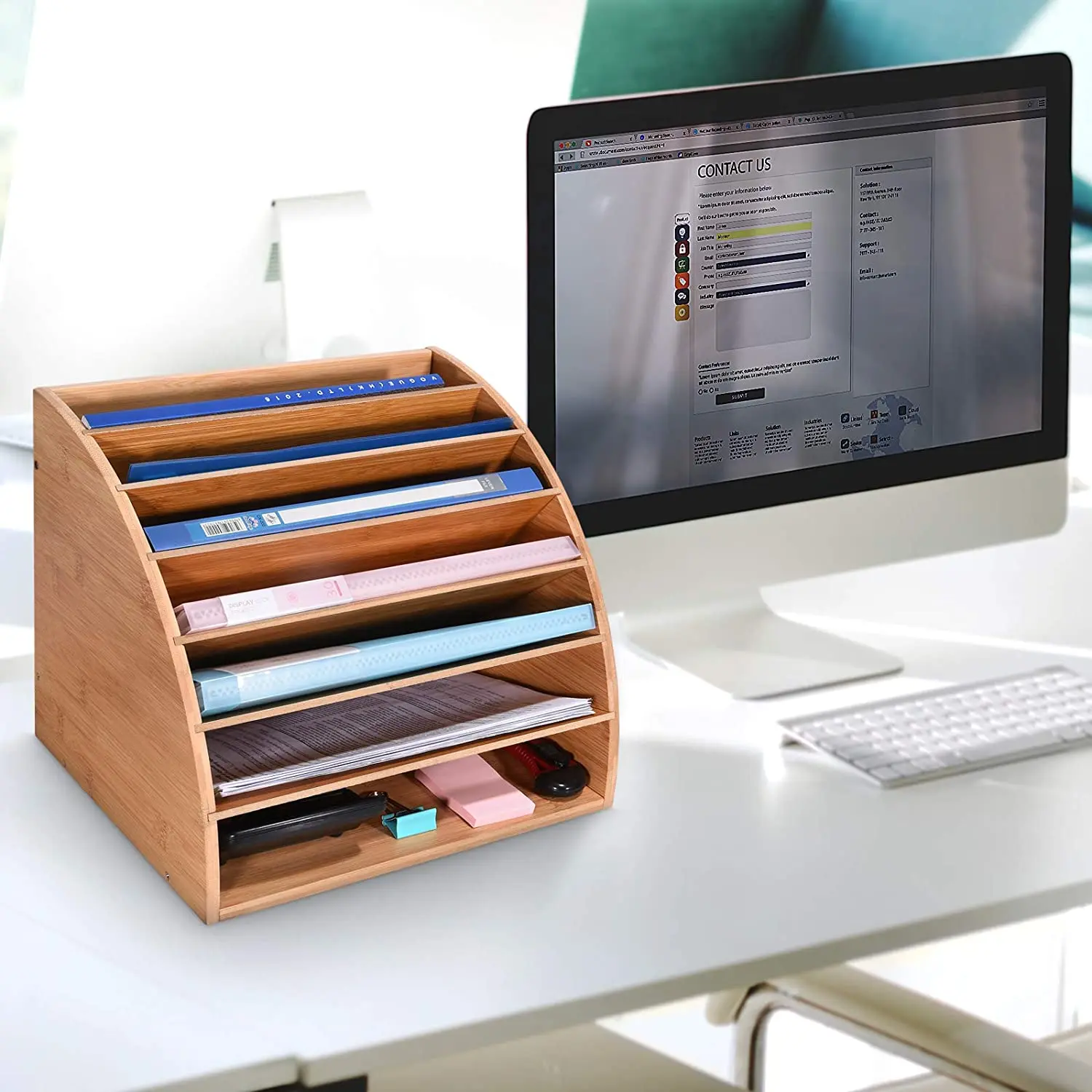 Bamboo Desk File Organizer Tray 6 Slots Office Paper Sorter Large Document Storage Rack DIY Compartments Mail Letter Magazine