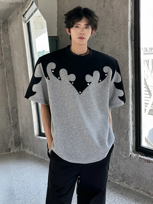 

Heavyweight Original 3D Patchwork Burned Flower oulder Design Haome round Ne Metal ort Sve Loose Fit Men's T-irt