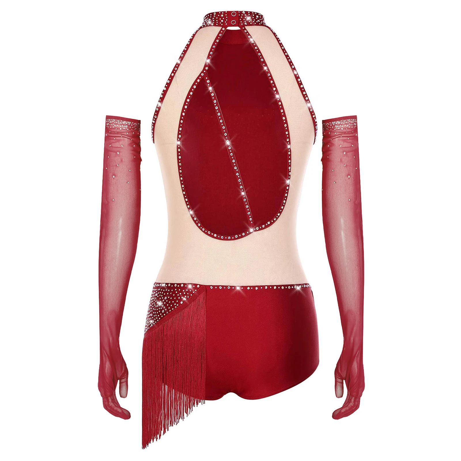 Womens Latin Figure Skating Dance Outfit Sleeveless Tassel Skirted Bodysuit Mesh Gloves Set for Stage Performance Competition