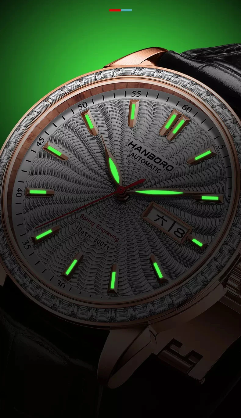 HANBORO Orologio automatico da uomo 41,5 mm Orologio da polso meccanico Specchio con zaffiro luminoso Doppio calendario Data della settimana