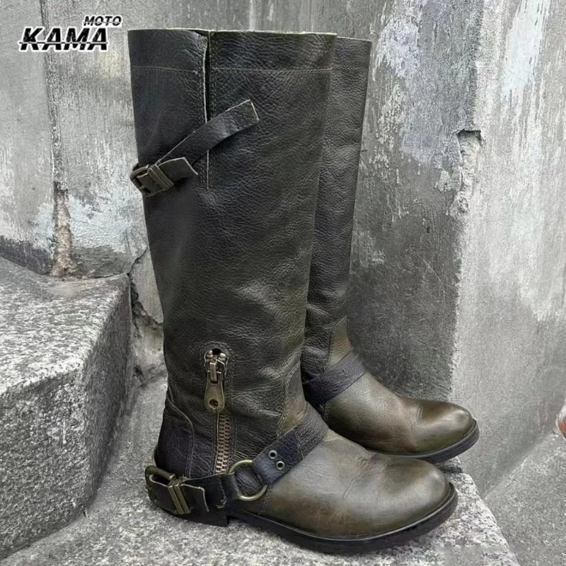 Retro High-Top Knight Boots Women's Autumn Dark Green Belt Buckle Patchwork Denim Boots Thick Heel Medium Heel Folded Over Boots