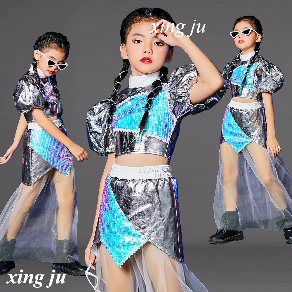 

Укороченные топы в стиле хип-хоп для девочек, толстовки с капюшоном, сетчатая юбка нестандартной формы, детская уличная одежда в стиле джаз, комплекты одежды, детский модный групповой костюм