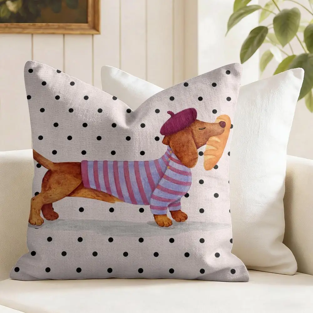 Artistic Dachshund Cushion Cover Eco Linen Pillow Case | Double-Sided Print, Breathable & Durable, Hidden Zipper Home Decor Gift