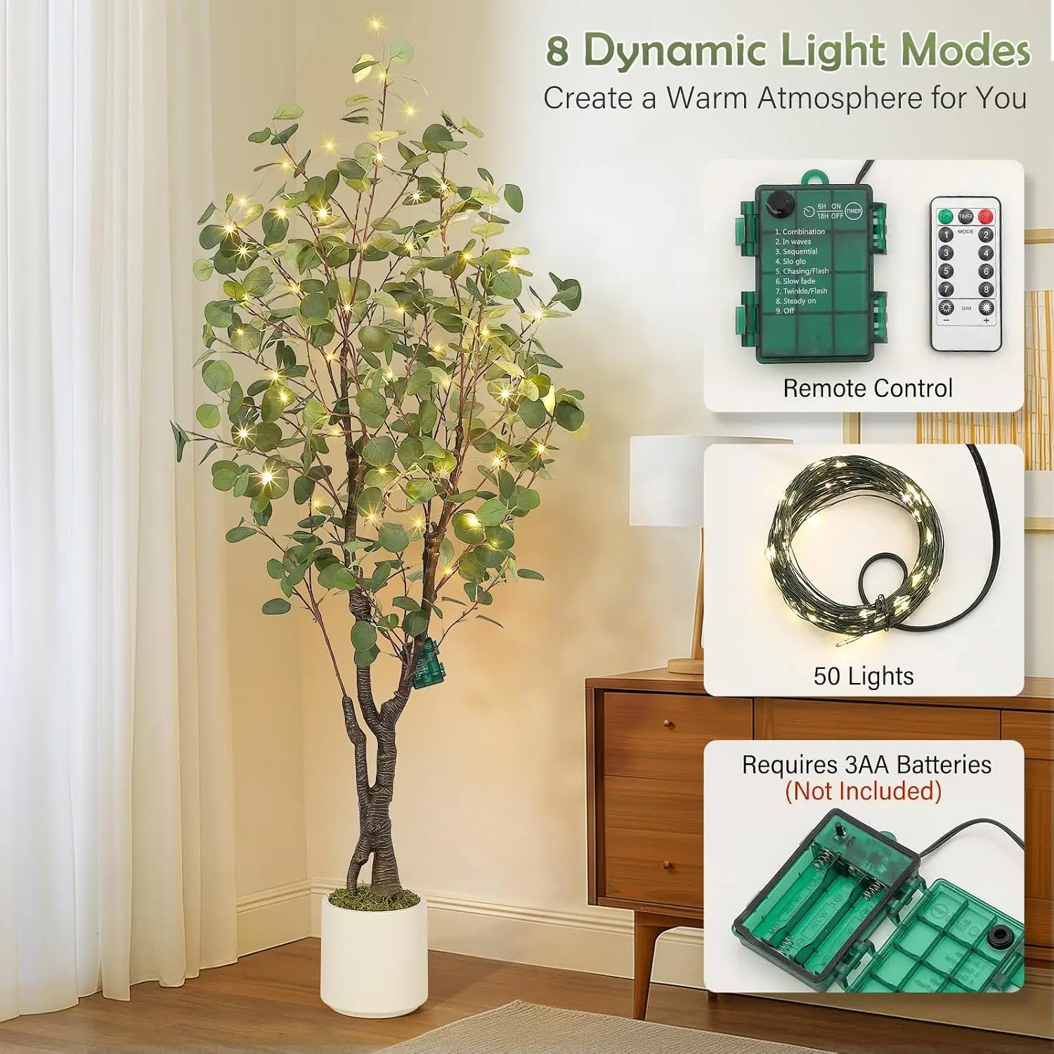 Artificial Eucalyptus Tree w/ 50 LED Lights, Pre-Potted Faux Floor Plant, Realistic Silk Multi-Stem Greenery in White Planter for Home & Office Decor Christmas Party Supplies 5