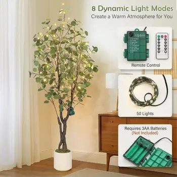 Artificial Eucalyptus Tree w/ 50 LED Lights, Pre-Potted Faux Floor Plant, Realistic Silk Multi-Stem Greenery in White Planter for Home & Office Decor Christmas Party Supplies 5