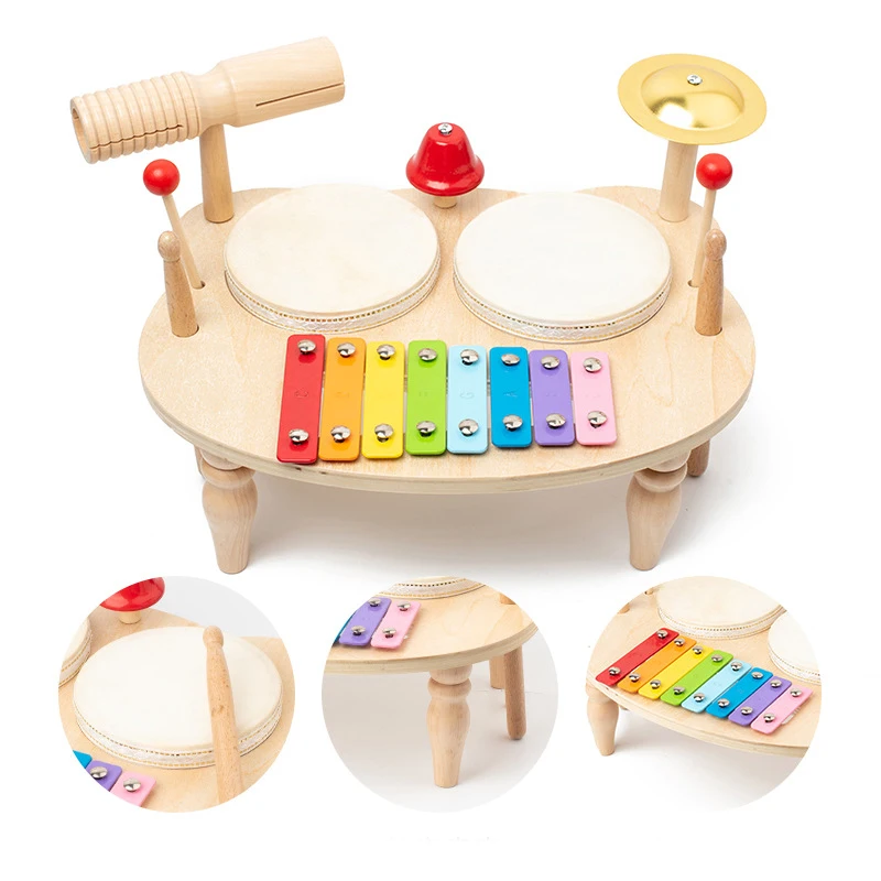 Conjunto de tambor xilofone de madeira para crianças montessori instrumentos musicais do bebê brinquedos conjunto de tambor instrumentos de percussão brinquedo musical presente