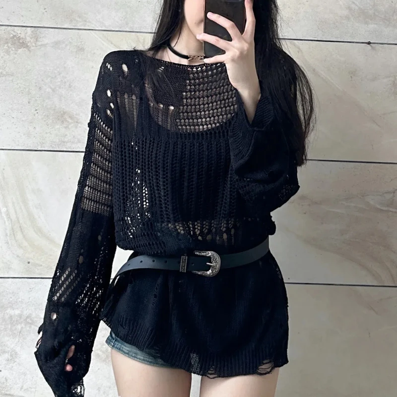 Summer New Women Knitwear Hollowed Out Round Neck Long Sleeve Loose All-match Fashion Casual Korean 2024 Women Pullovers Top