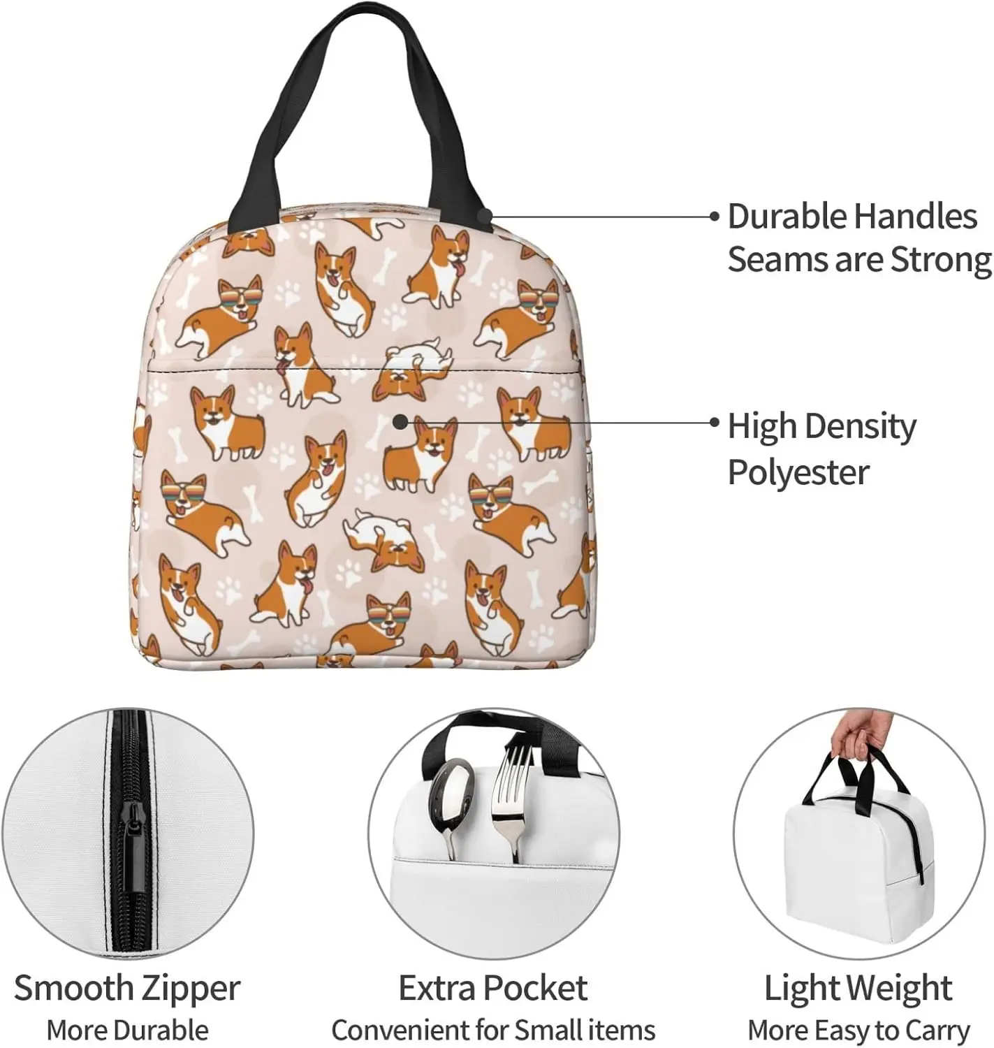Corgi Insulated Lunch Bags for Women with Pocket Dog Reusable Cooler Lunch Box