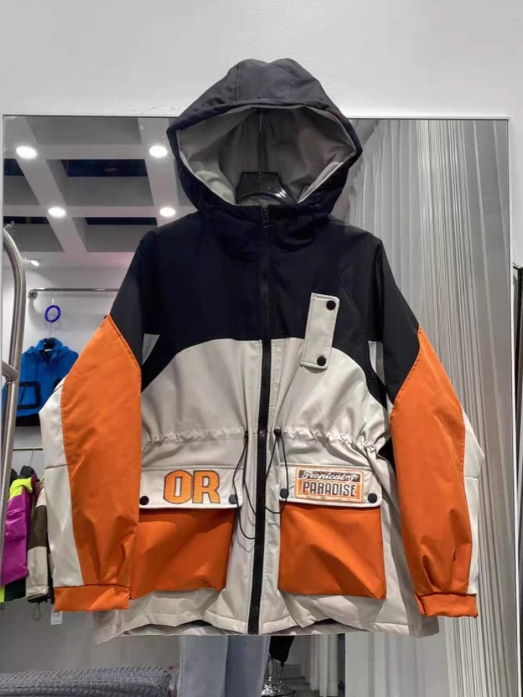 2025 Winter Down Jacket Women Embroidered Letter Stitching Contrast Coat Men Lady Couple's Loose White Duck Puffer Coat Outwear