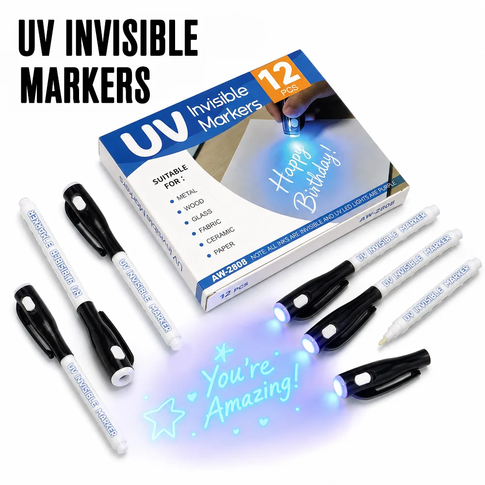 12 Pcs UV Invisible Ink Pens UV Light Disappearing Marker Perfect Craft Making Note Recording Graffiti Daily Stationery Supplies