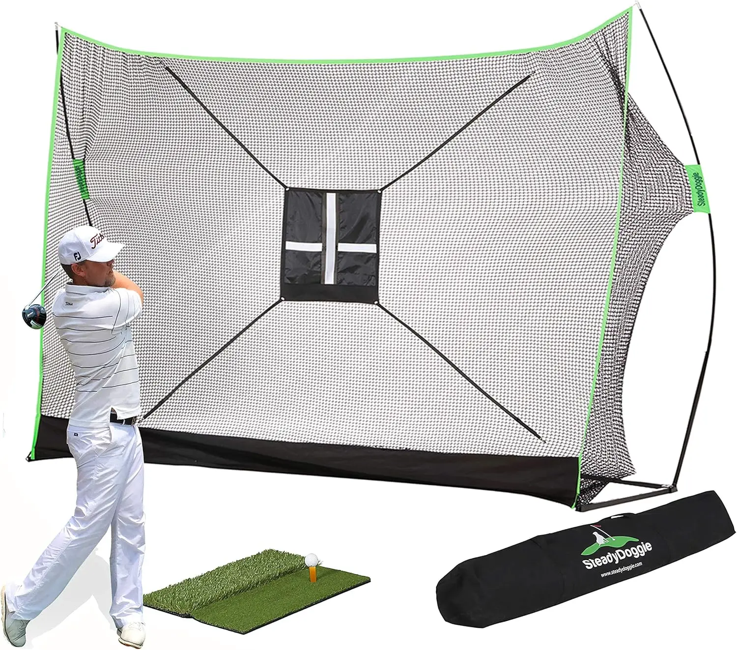 Golf Hitting Mat and Net Combo for Backyard Driving - Golf Netting for Garage with Chipping Target, Dual-Turf Mat