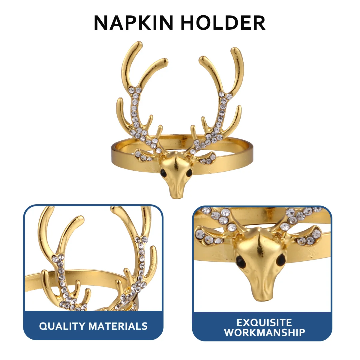 

6Pcs Exquisite Christmas Deer Napkin Buckles Gold Color Alloy Holders for Holiday Dinners Napkin Buckle Table Supplies