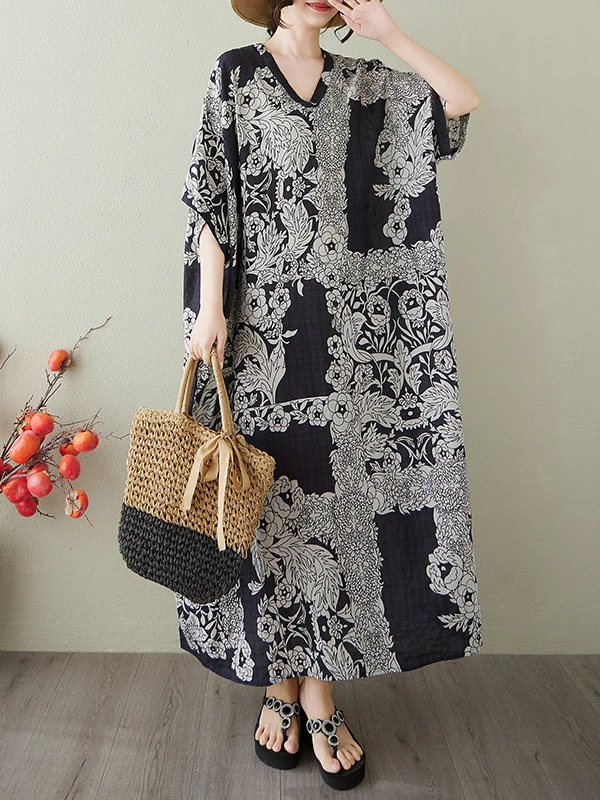 فستان طويل ملفوف بطول الركبة، تصميم صيفي بنقشة زهور، مناسب للإجازات والسفر، برقبة على شكل V، طراز ريترو، من القطن والكتان، قط...