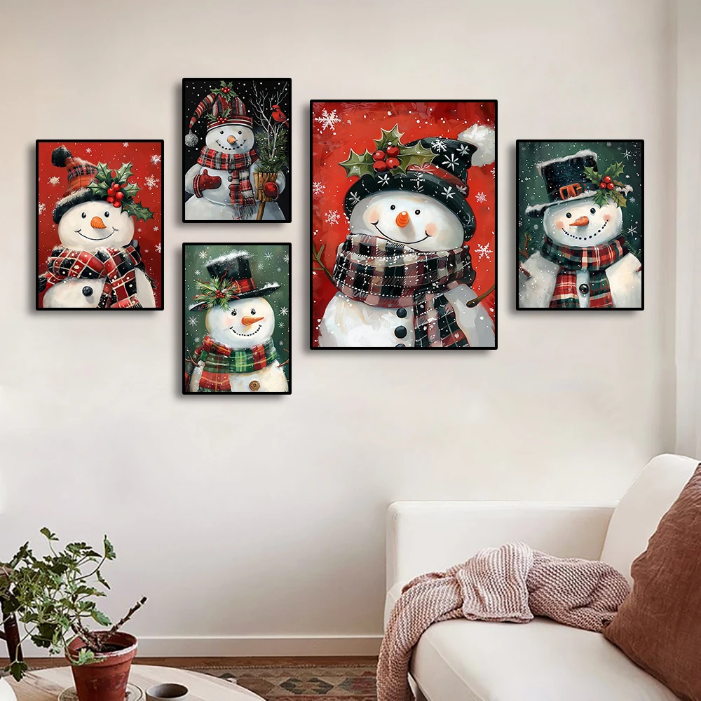 Cute Snowman Canvas Painting Merry Christmas Aesthetic Picture Print Wall Art Posters Home Living Room Decoration Christmas Gift